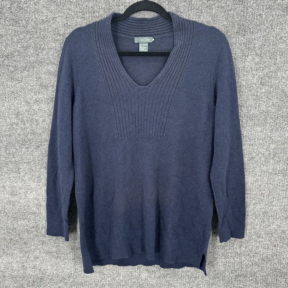 Griffen Cashmere Sweater Womens Medium Knit V Neck Blue Long Sleeve‎